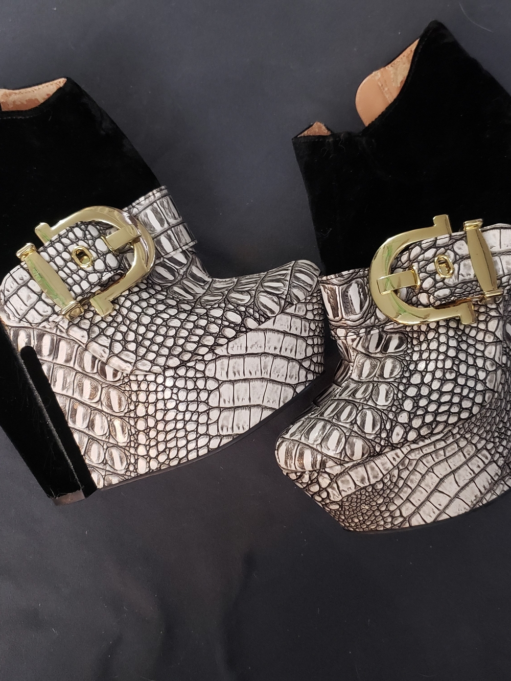 Christian Siriano Black & Cream Croc-Embossed Platform Booties with Gold Buckle
